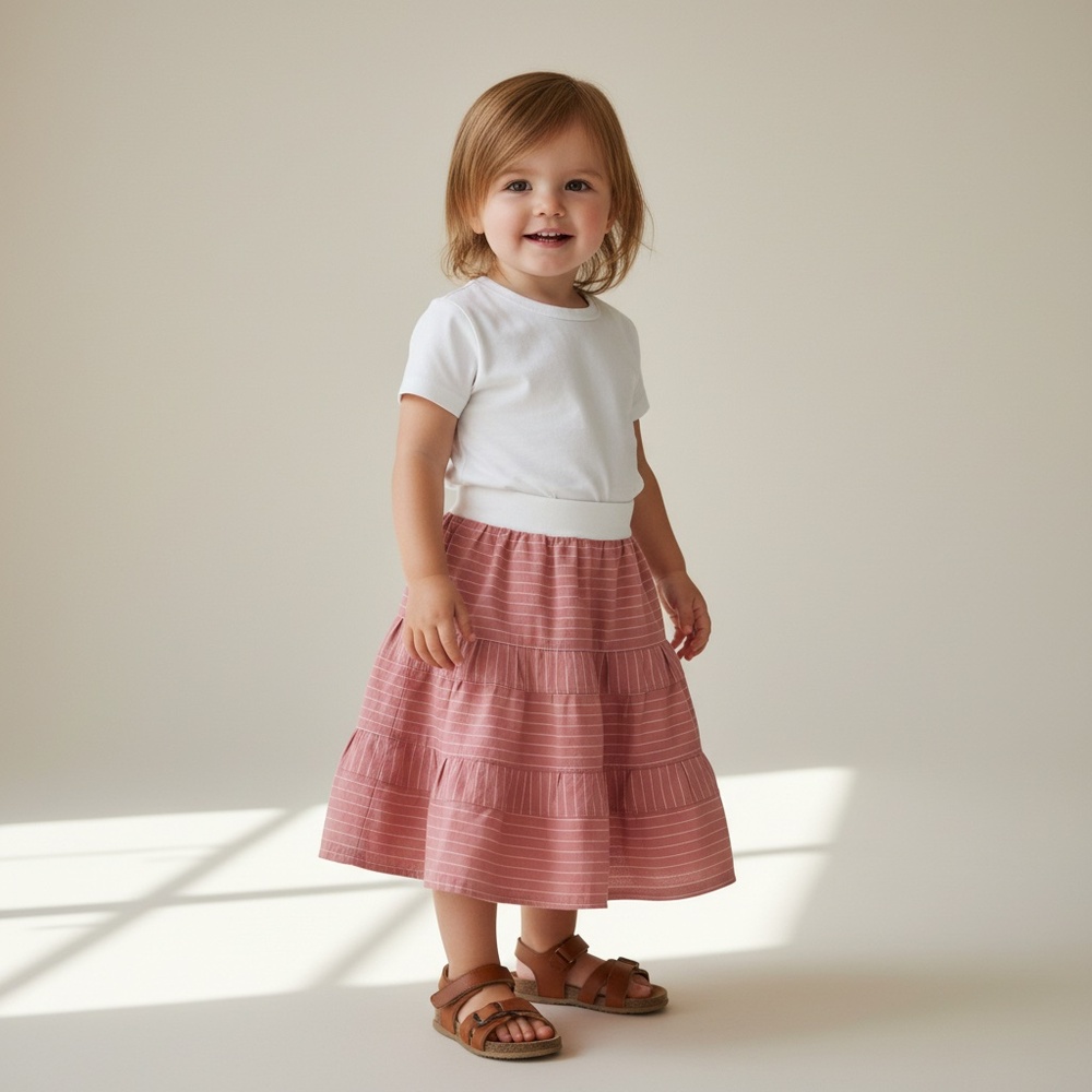 Skirt Girls 2/3‎ Long Pink Ruffle Tier Stripe 100% Cotton Mom and Pop's Kids